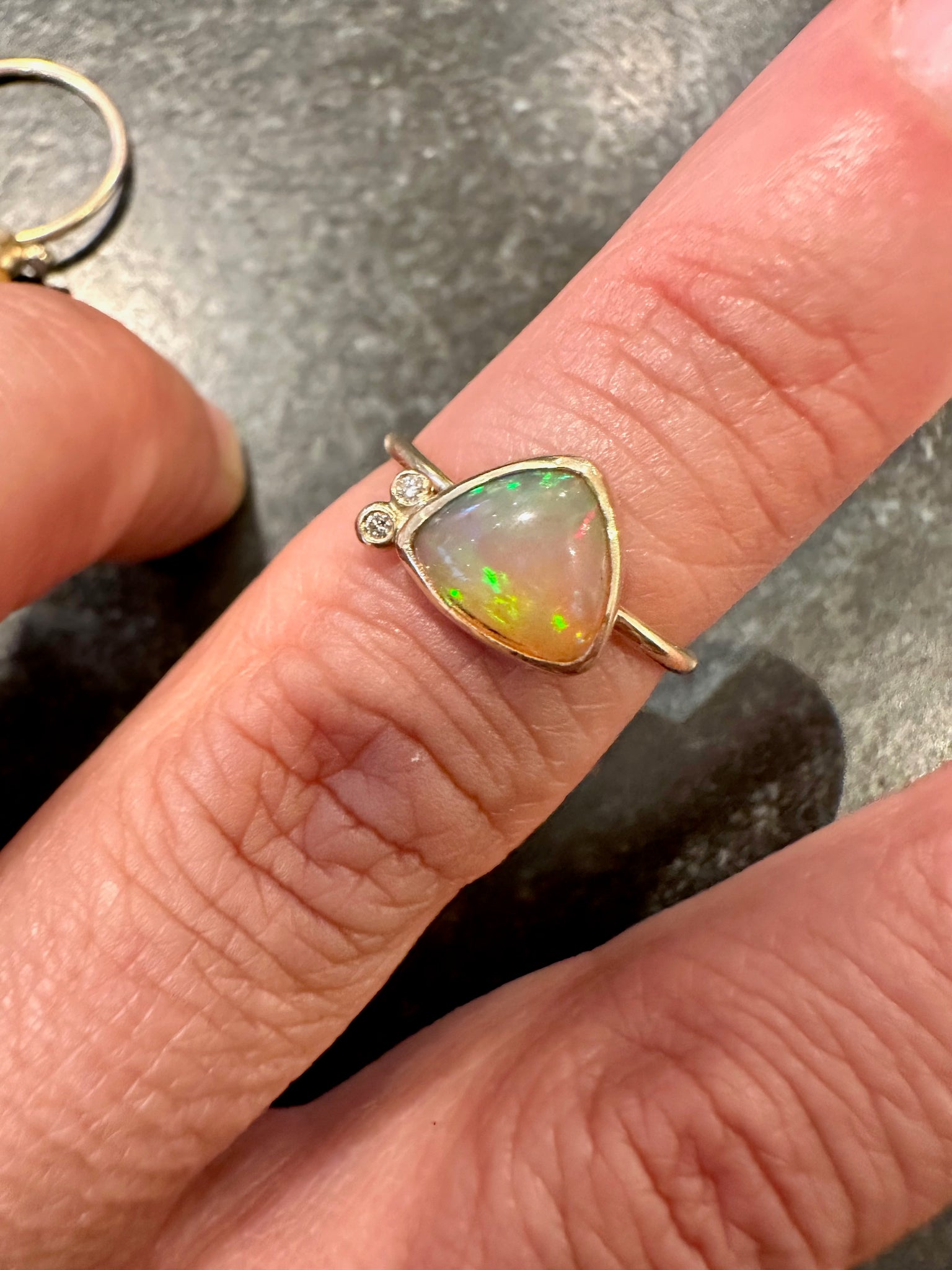Triangular Fire Opal Ring with Diamonds